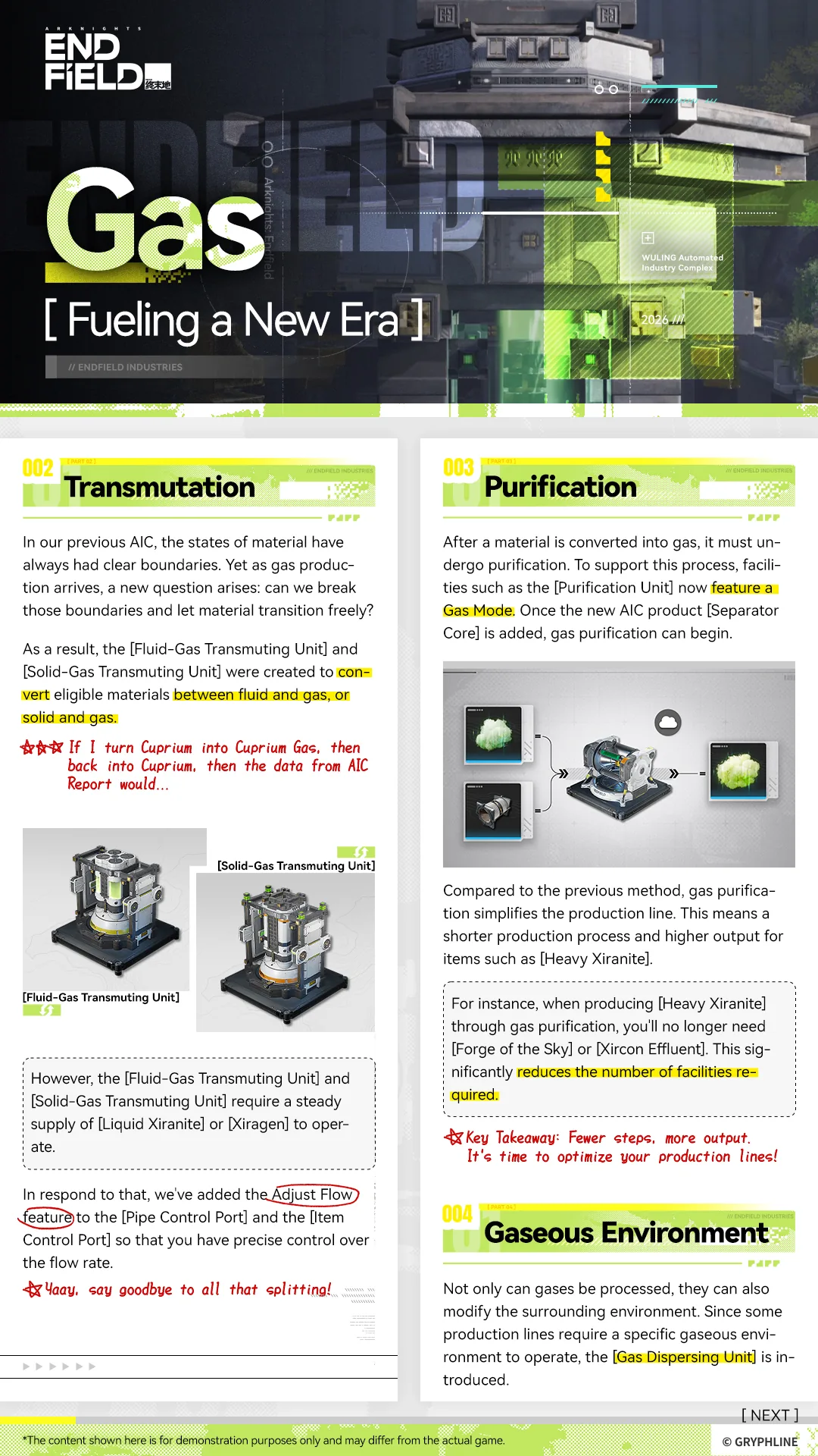 Arknights Endfield gas transmutation and purification preview showing the Fluid-Gas and Solid-Gas Transmuting Units and the Purification Unit’s Gas Mode