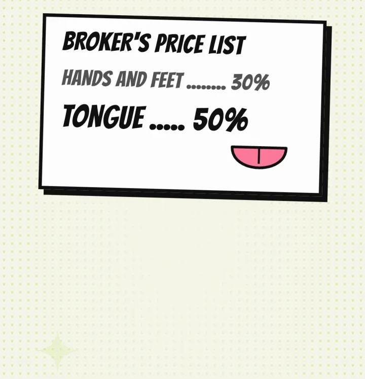 The broker's price list: hands and feet 30%, tongue 50%
