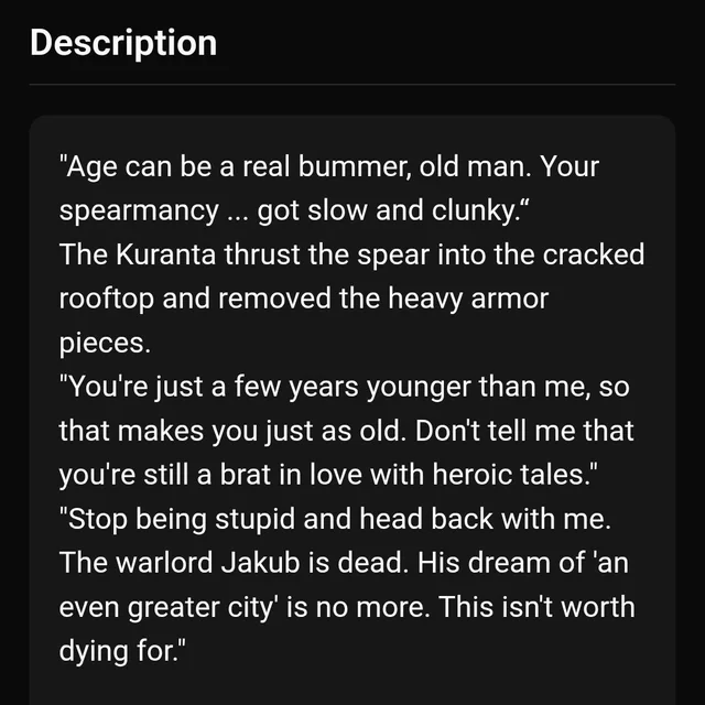 Golden Age weapon archive Description panel showing the Kuranta grounding his spear and the line about warlord Jakub being dead