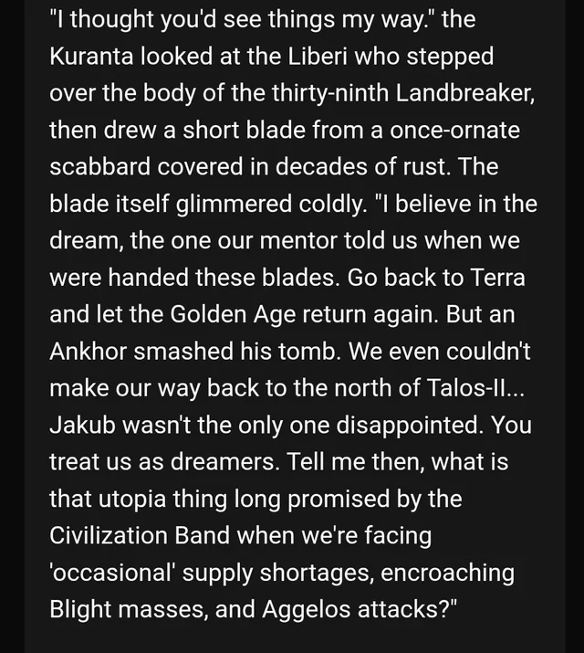 Golden Age archive panel where the Kuranta describes the dream of returning to Terra and questions the Civilization Band’s promised utopia