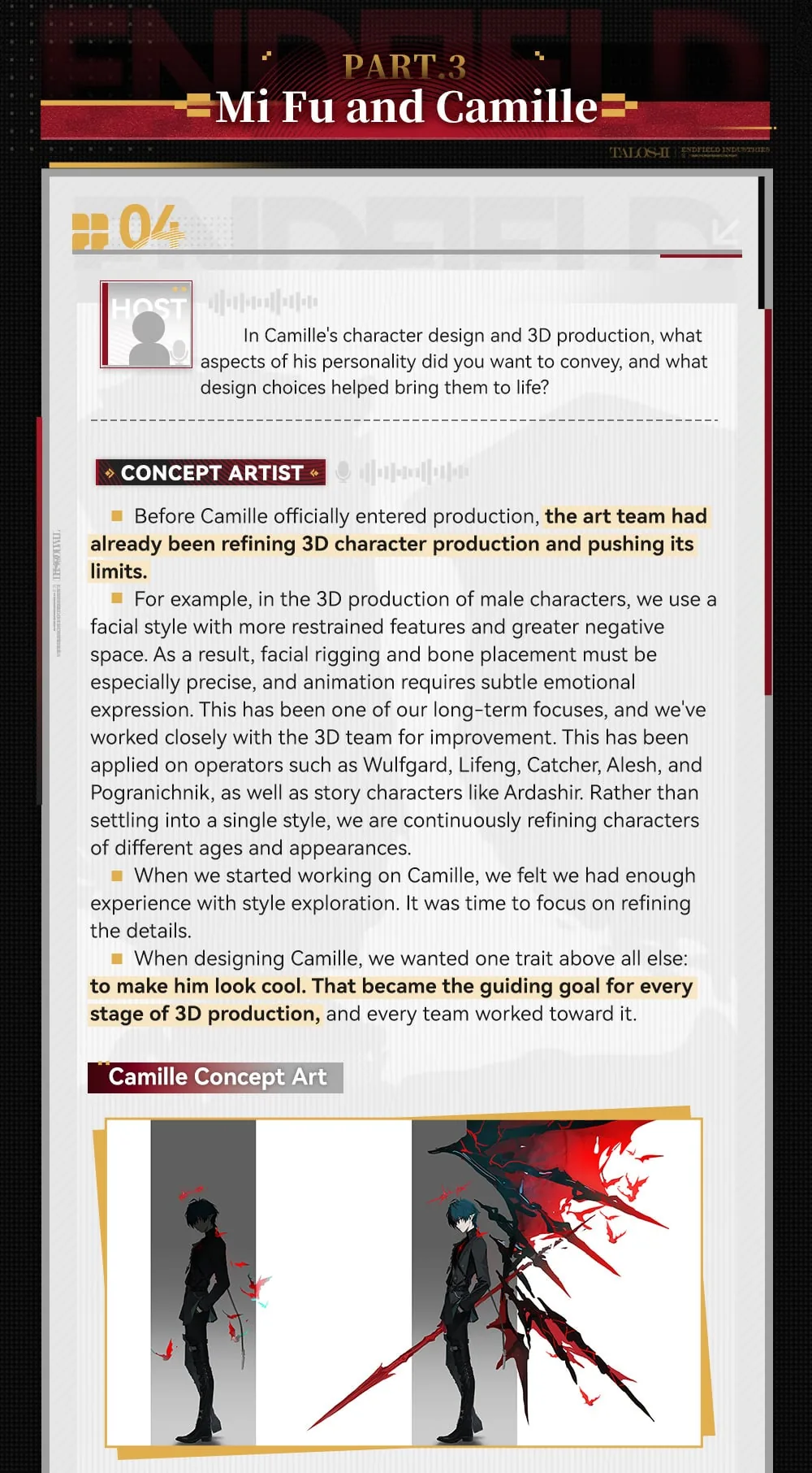Camille concept art showing his design evolution from a silhouette study to the final vampire-themed look with wings and a blood lance