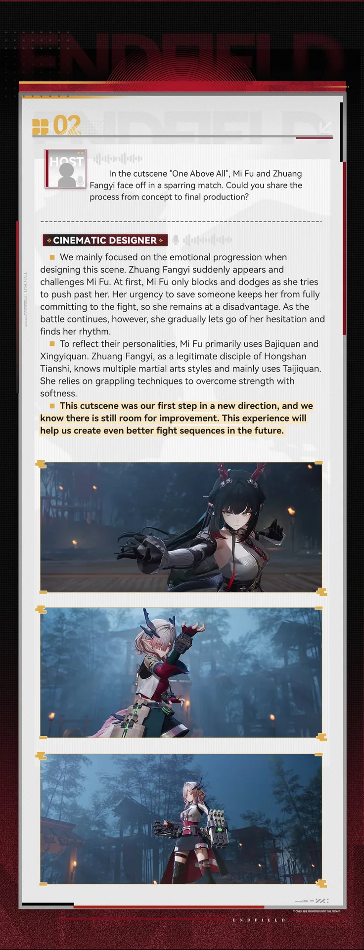 Cutscene screenshot from Arknights Endfield’s One Above All showing Mi Fu and Zhuang Fangyi facing off in a bamboo forest