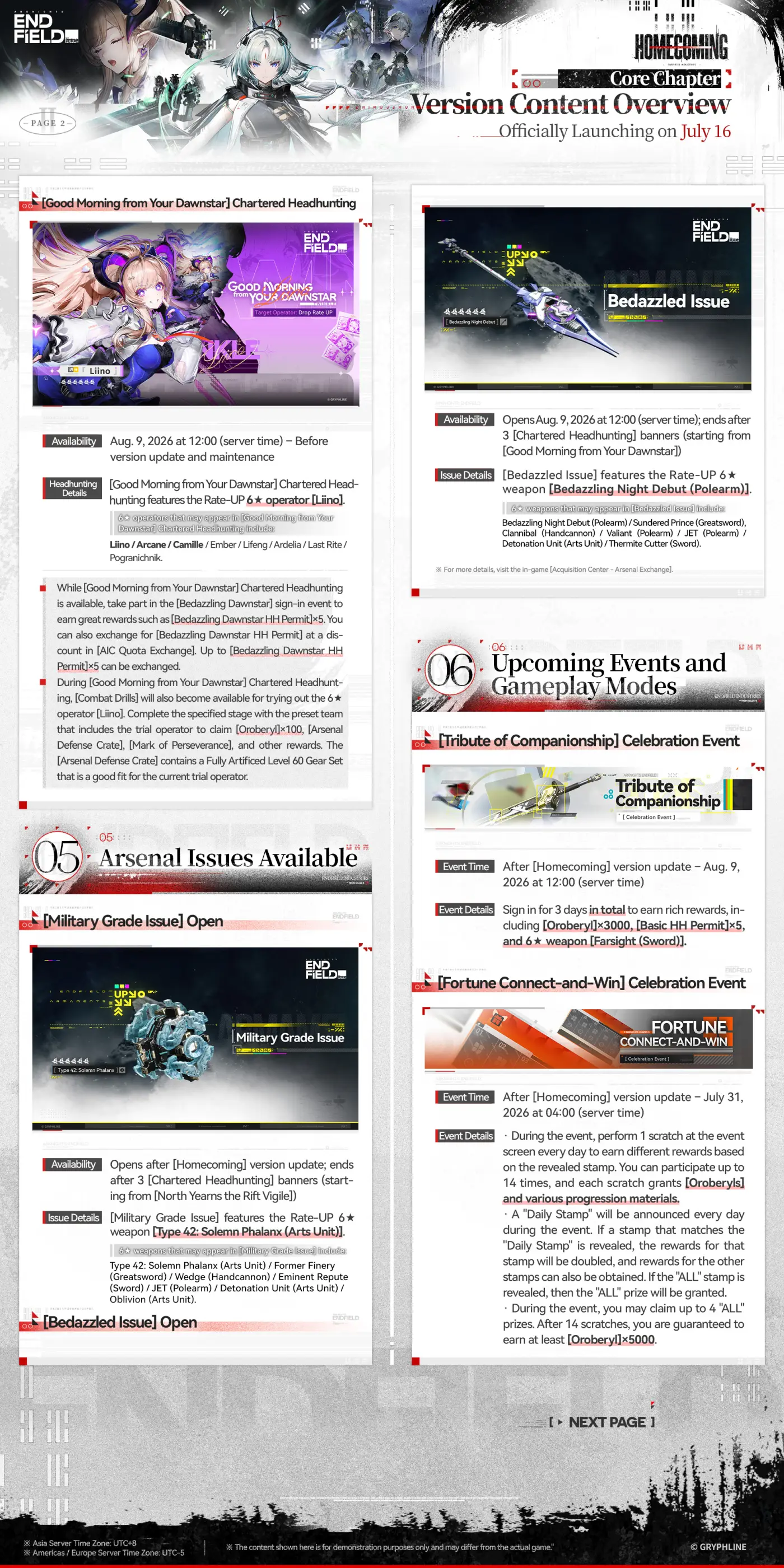 Version Content Overview page 2: the Liino banner, the Bedazzled Issue and Military Grade Issue weapon banners, and upcoming celebration events
