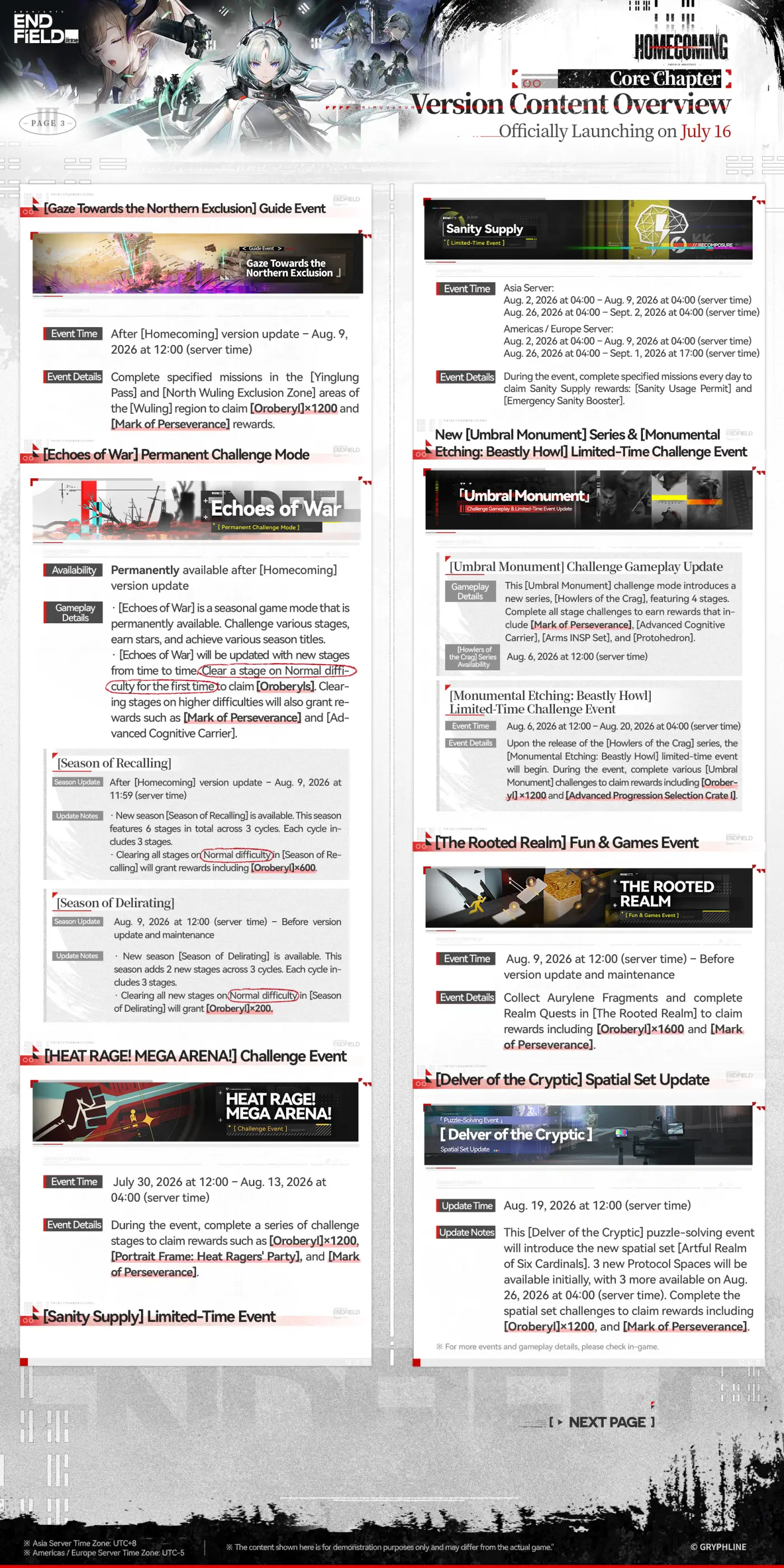 Version Content Overview page 3: Echoes of War, Heat Rage, Sanity Supply, the new Umbral Monument series, and the Rooted Realm and Delver of the Cryptic updates