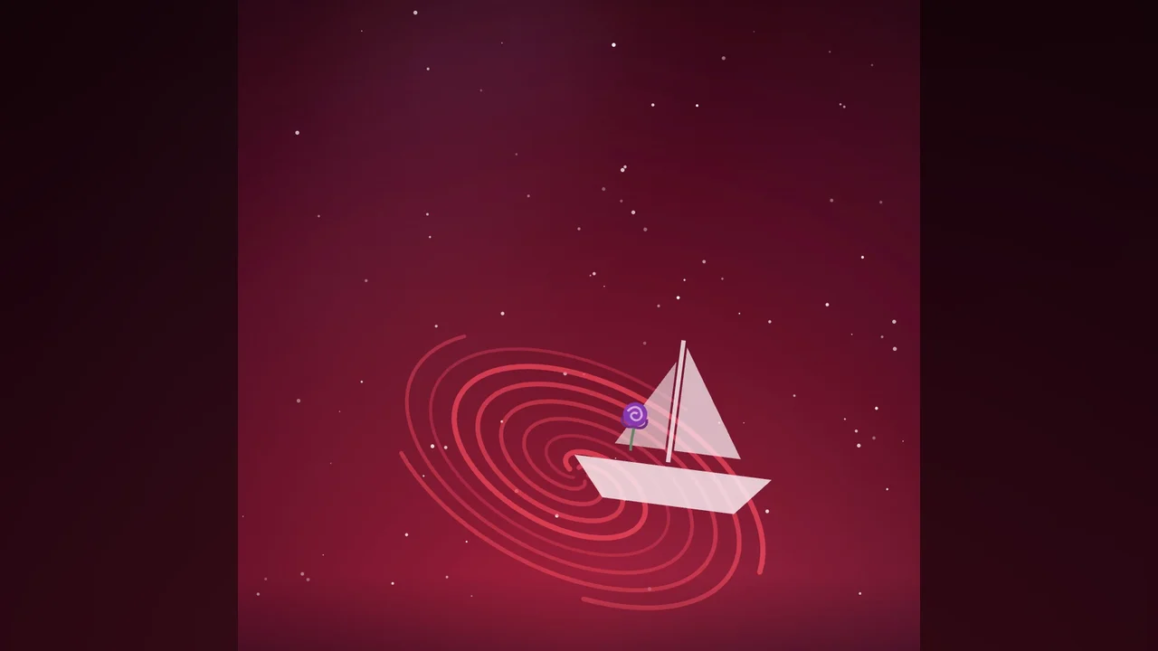A white ship with a purple rose being pulled into a red whirlpool in a red sky