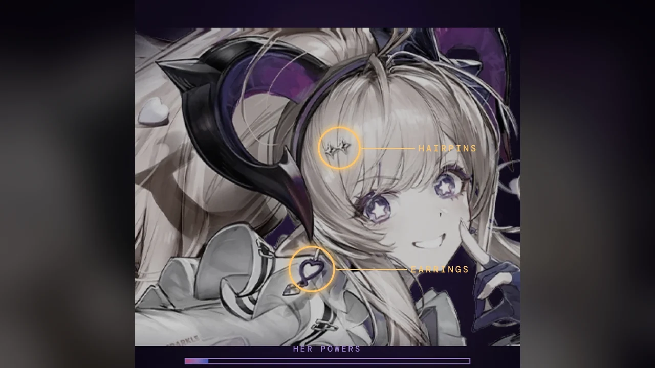 Liino's face with gold rings on her star hairpin and heart earring, and a meter showing her powers drained