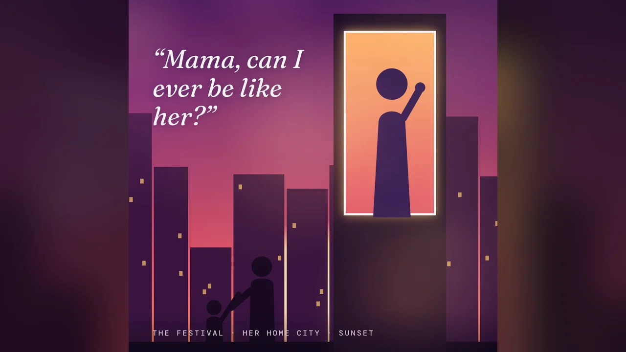 A sunset city with a giant poster on a skyscraper and a mother and child below