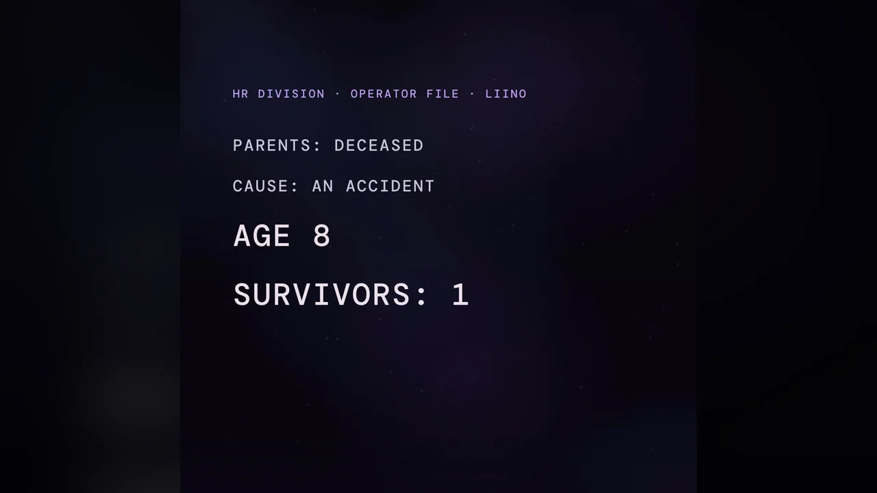 A typed HR file: parents deceased, cause an accident, age 8, survivors 1