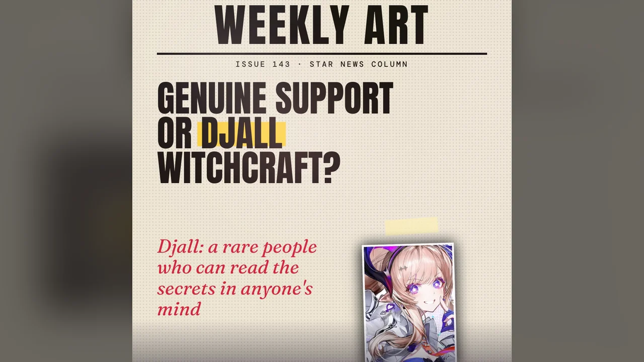 Weekly Art headline asking Genuine support or Djall witchcraft, with a polaroid of Liino and the note that a Djall can read the secrets in anyone's mind