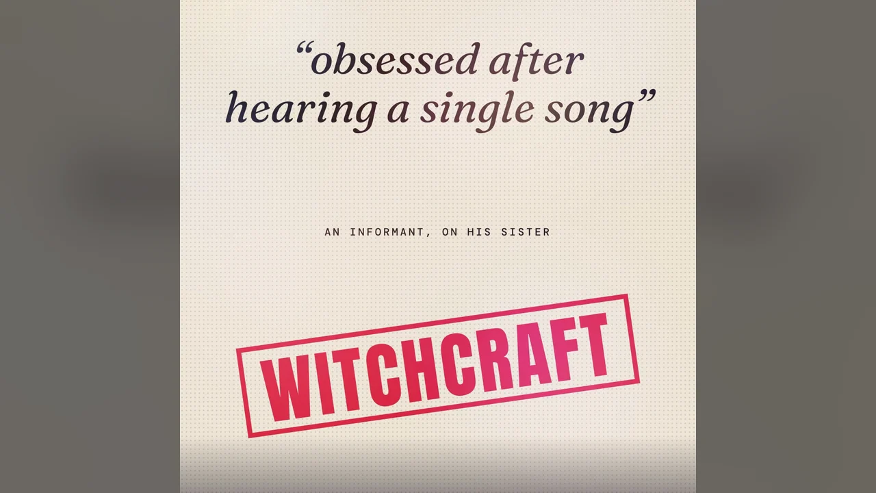 The witchcraft stamp under the quote about a fan obsessed after hearing a single song