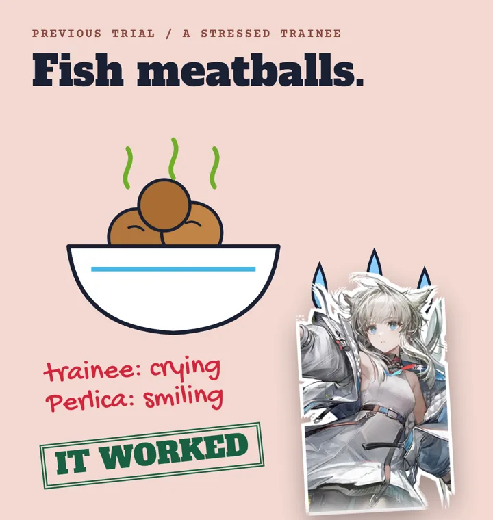 A bowl of fish meatballs giving off green fumes, falling tears, and the note "trainee: crying, Perlica: smiling" stamped IT WORKED