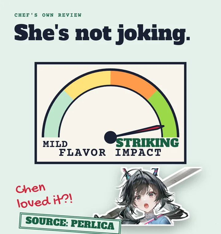 The Flavor Impact dial pinned at STRIKING, with Chen's startled face and the red-pen note "Chen loved it?!" stamped SOURCE: PERLICA