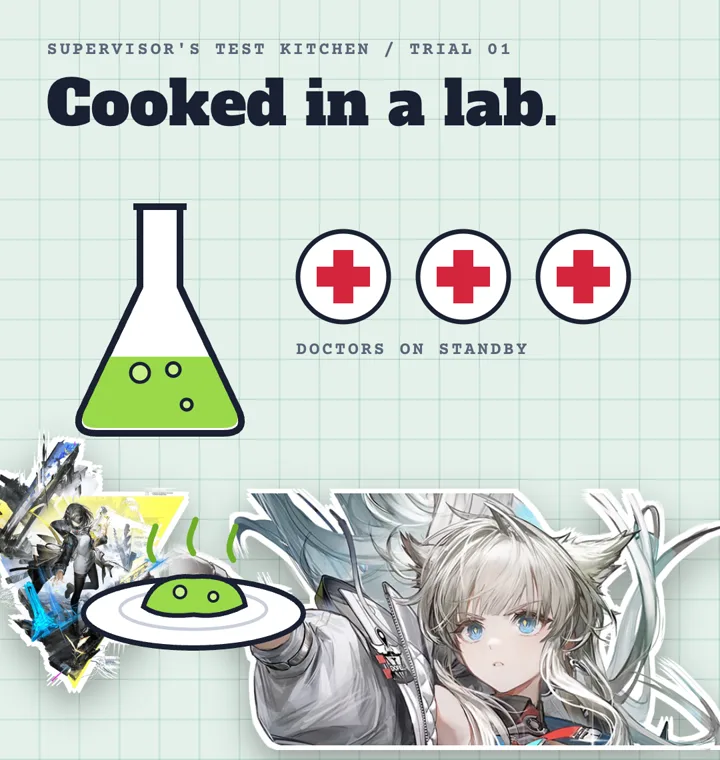 A lab trial: a flask of green slime, three doctors on standby, and Perlica's hand sliding a plate of steaming slime toward the commander