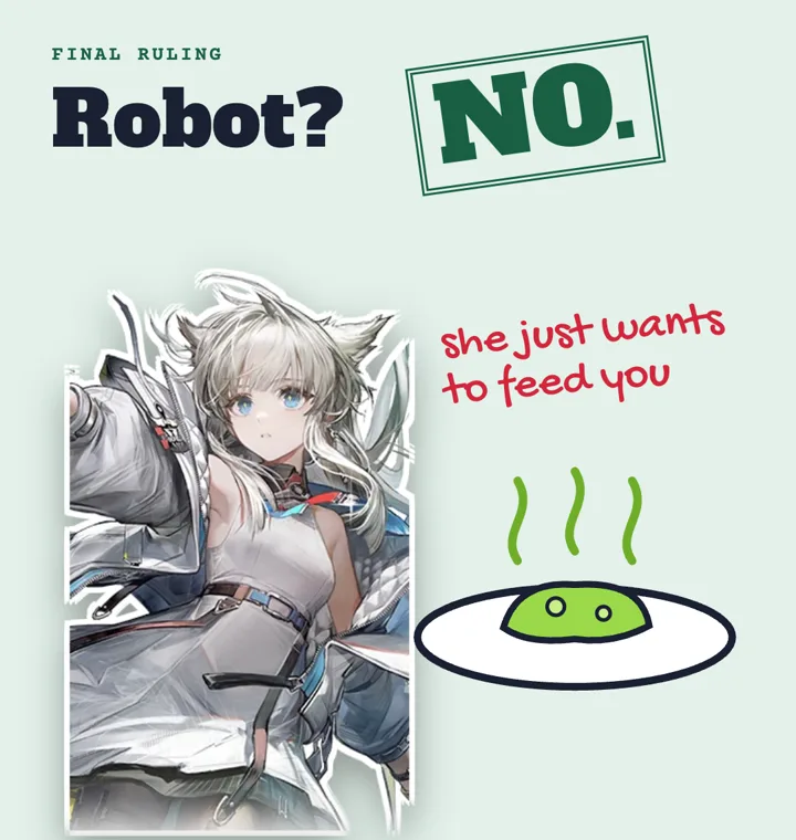 FINAL RULING: Robot? NO., with Perlica beside a steaming plate of slug slime and the note "she just wants to feed you"