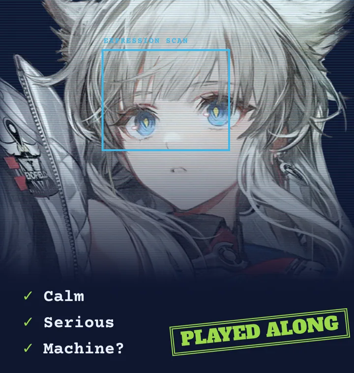 A full-screen face scan of Perlica with the checklist Calm, Serious, Machine? all ticked and a PLAYED ALONG stamp