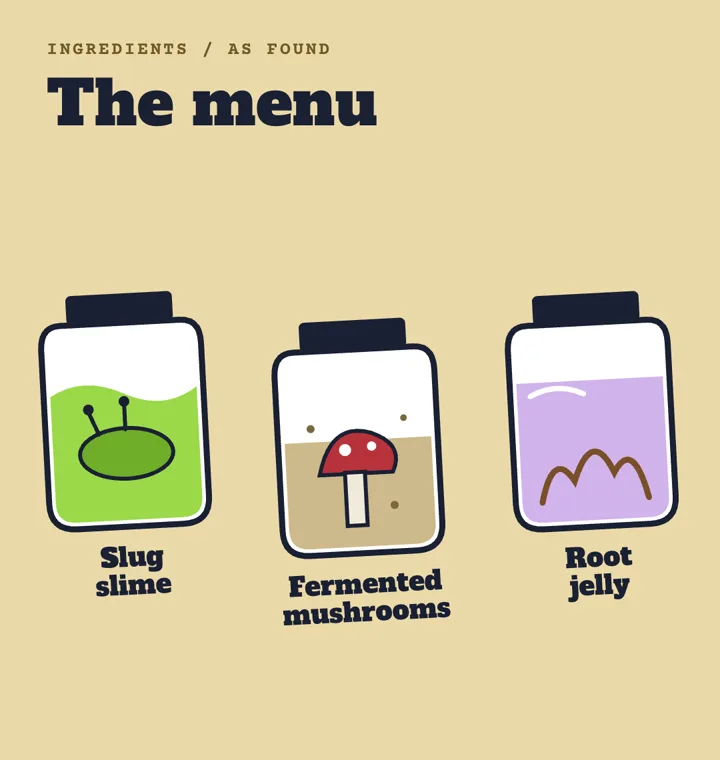 Three jars on a manila card: slug slime, fermented mushrooms and root jelly