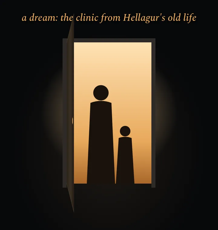 A drawn door standing open, with warm light falling on the silhouettes of a tall man and a small girl