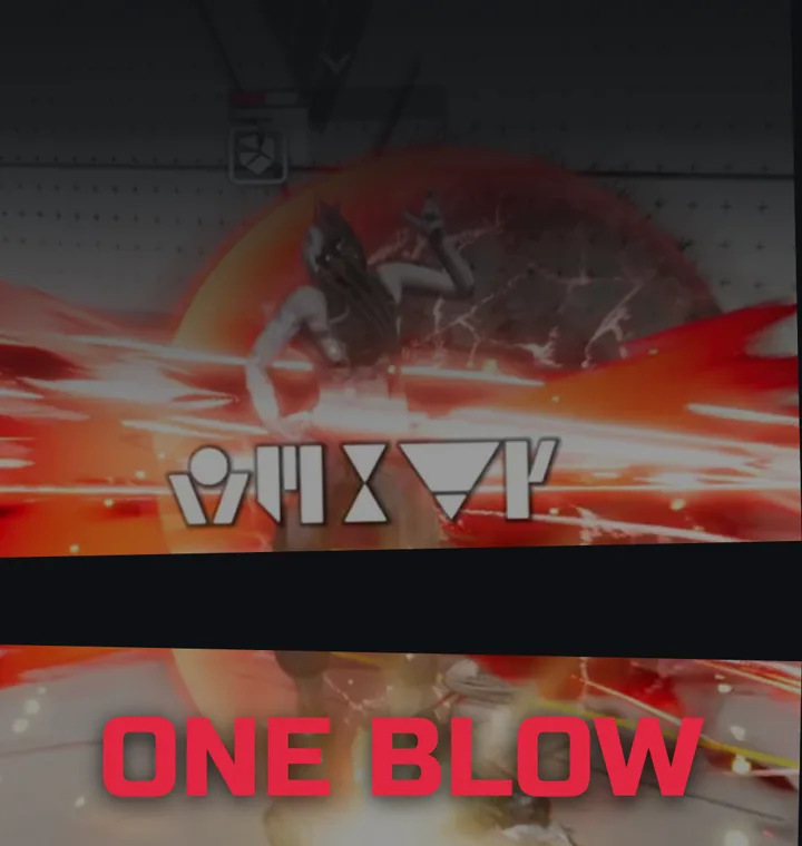 The battle frame split in two along a horizontal line, under the words ONE BLOW