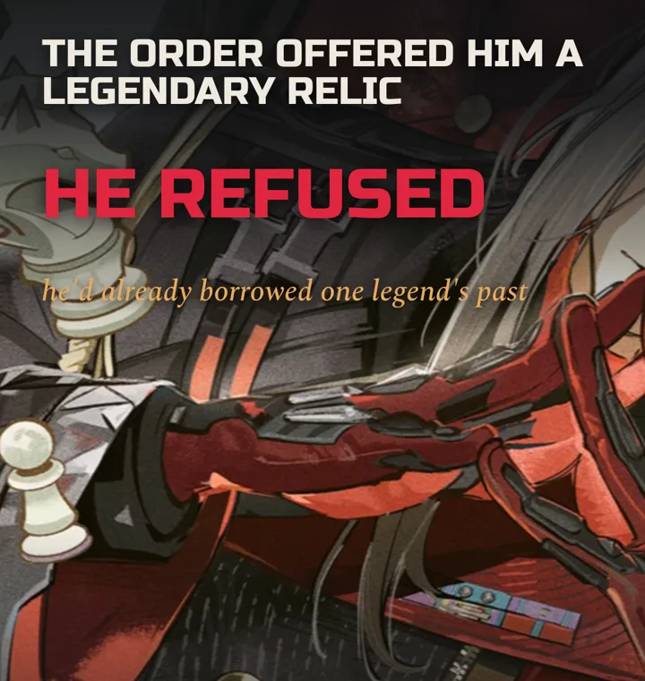 Pogranichnik's official art holding a chess piece under THE ORDER OFFERED HIM A LEGENDARY RELIC and HE REFUSED