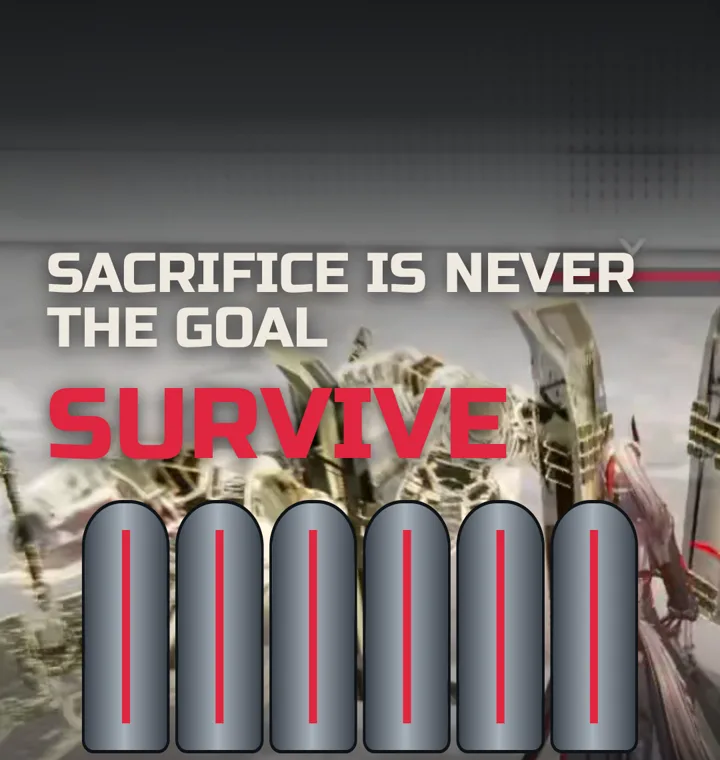 A drawn wall of six steel shields with red stripes over the Shieldguards, under SACRIFICE IS NEVER THE GOAL and SURVIVE