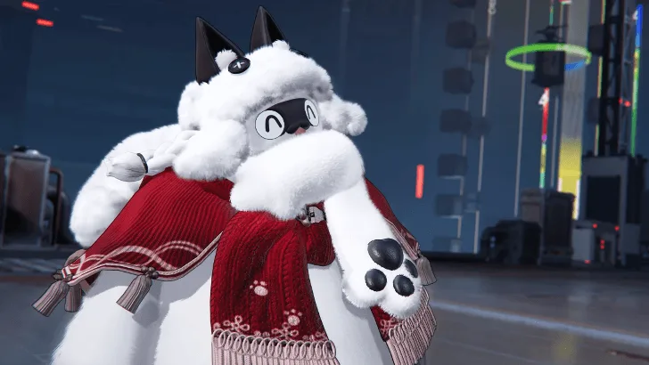 Purrchena key art, a 5-star Physical Defender in an oversized white and grey feline plush suit with a red scarf