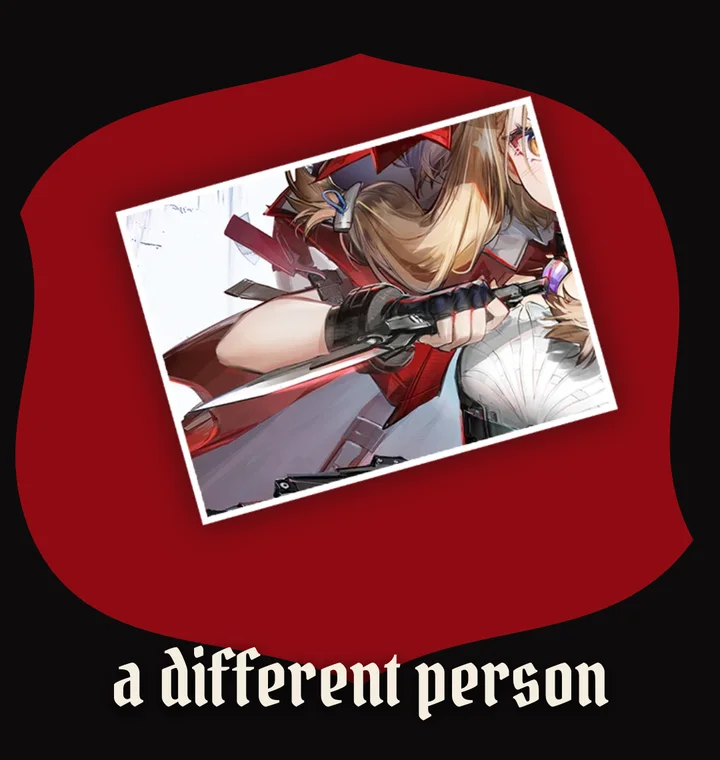 A blood splash behind a photo of Rossi drawing her dagger, "a different person"