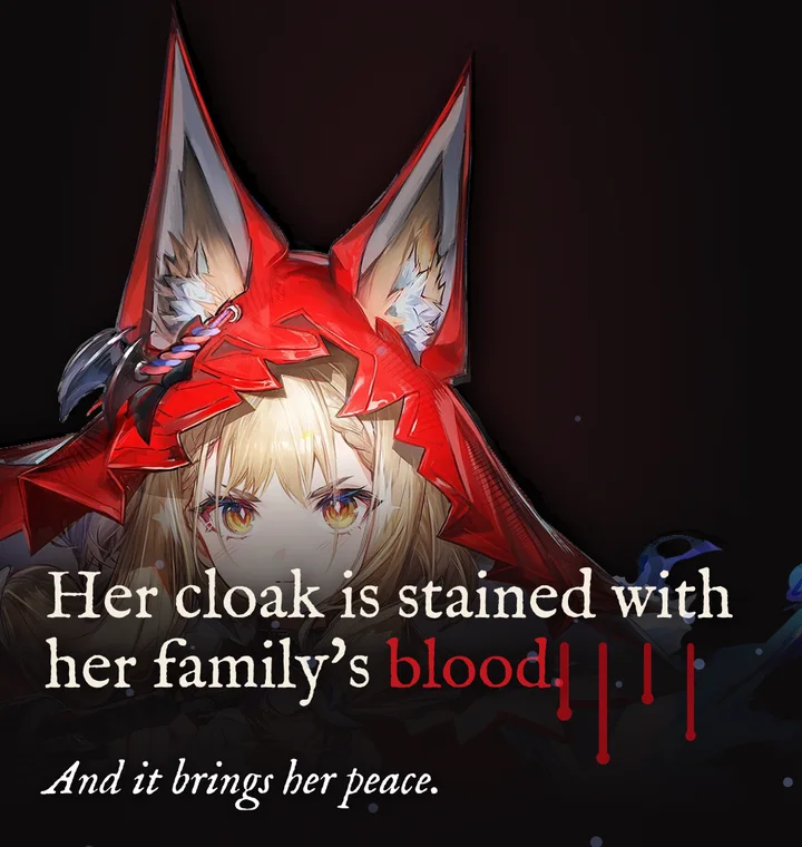 Rossi's hood portrait with the line "Her cloak is stained with her family's blood," dripping red