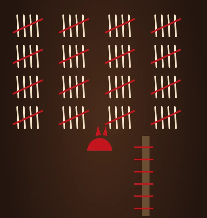Rows of tally marks on a wooden wall above a post with climbing height marks