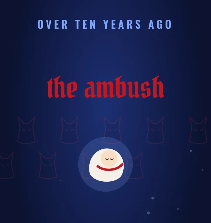A deep-blue memory scene: "Over ten years ago, the ambush," red-eyed wolf shapes around a swaddled baby