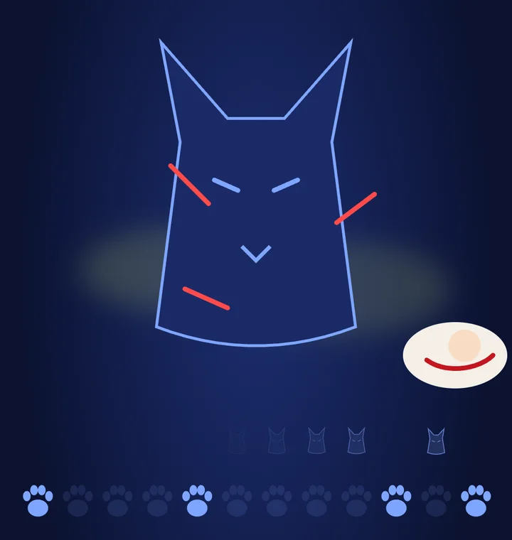 A blue wolf drawn in outline, wounded by red slashes, guarding a swaddled baby above a row of paw prints