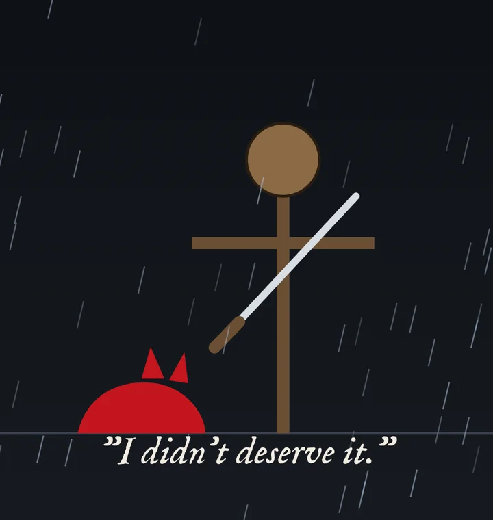 A red hooded shape slumped beside a training dummy in the rain: "I didn't deserve it."