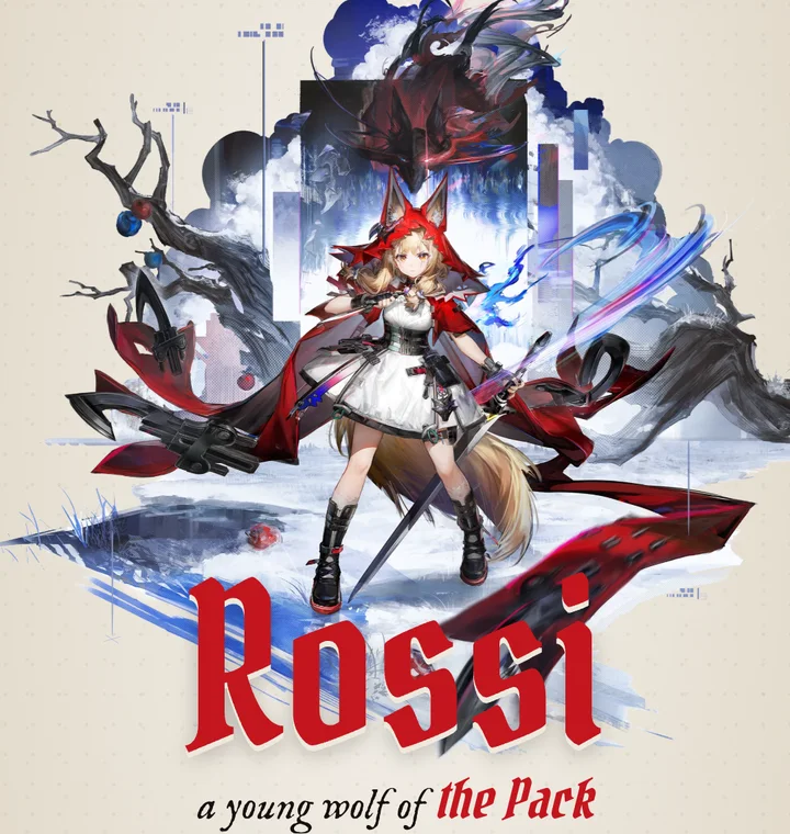 Rossi's title card: "Rossi, a young wolf of the Pack," over her full-body art with a trail of red paw prints