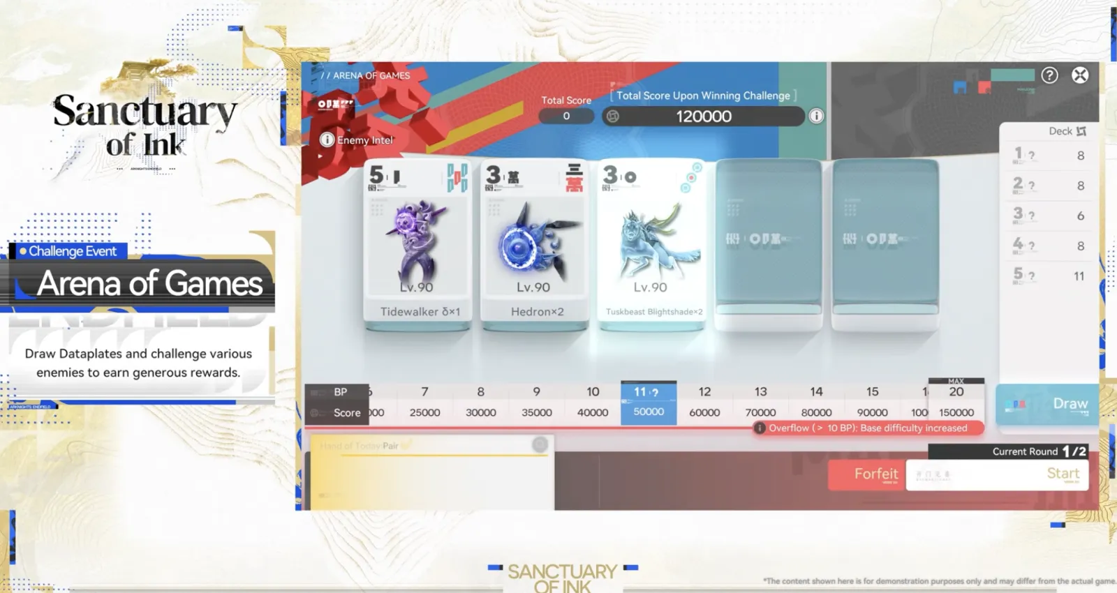 Arena of Games challenge screen with BP to score table