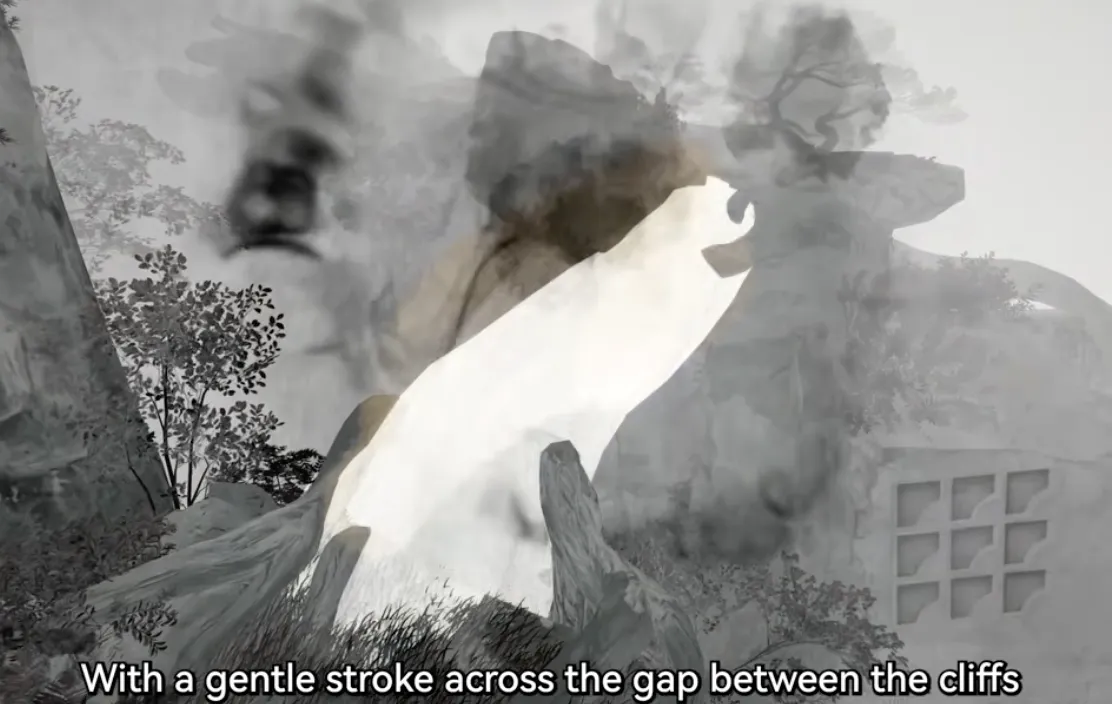 An ink stroke raising a bridge between cliffs in Si's Painting