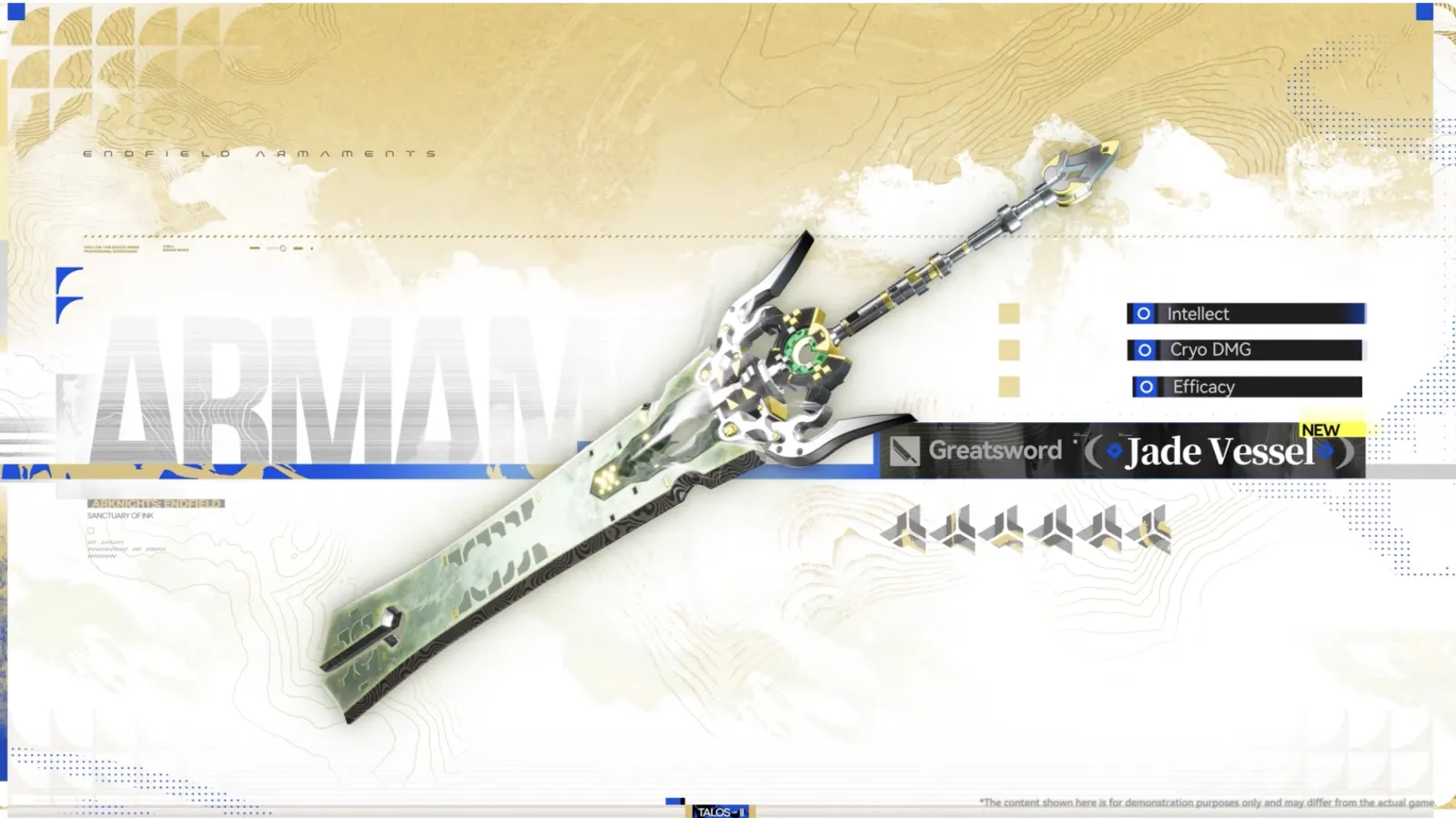 Jade Vessel, new 6-star greatsword: Intellect, Cryo DMG, Efficacy