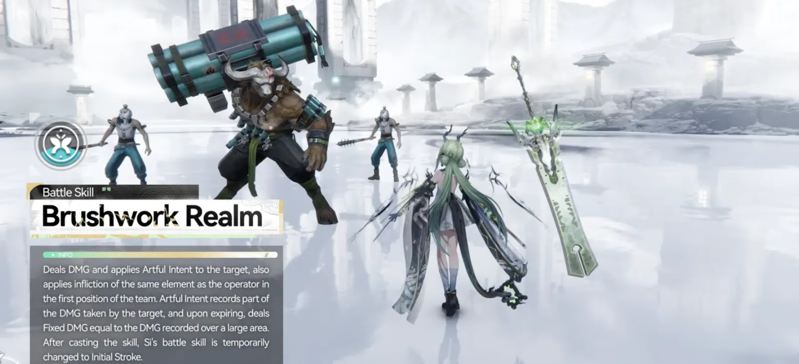 Si battle skill Brushwork Realm card: Artful Intent records damage and deals Fixed DMG over a large area