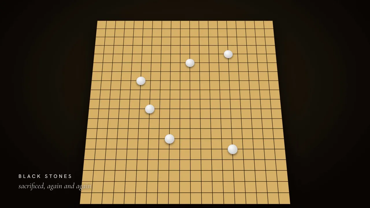 A weiqi board with black stones, sacrificed again and again