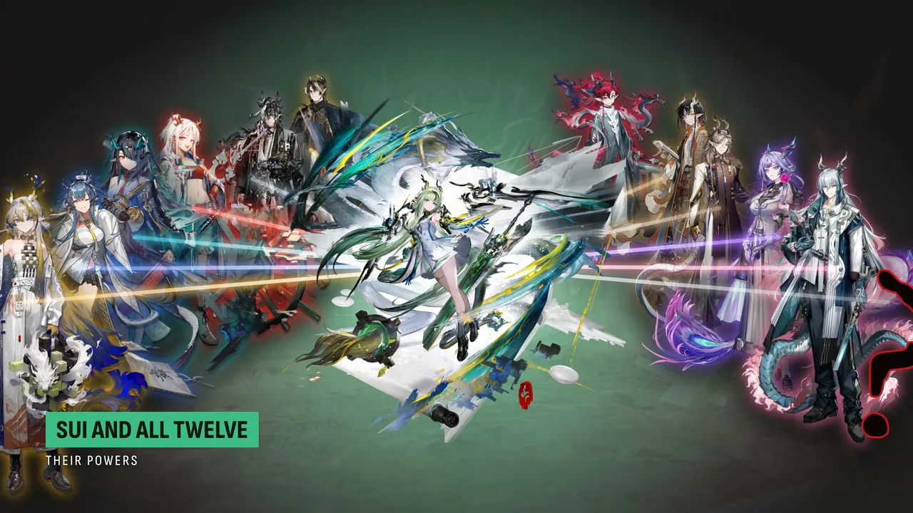 The twelve in two wings behind Si, a beam in each one's colour running into her: SUI AND ALL TWELVE, their powers