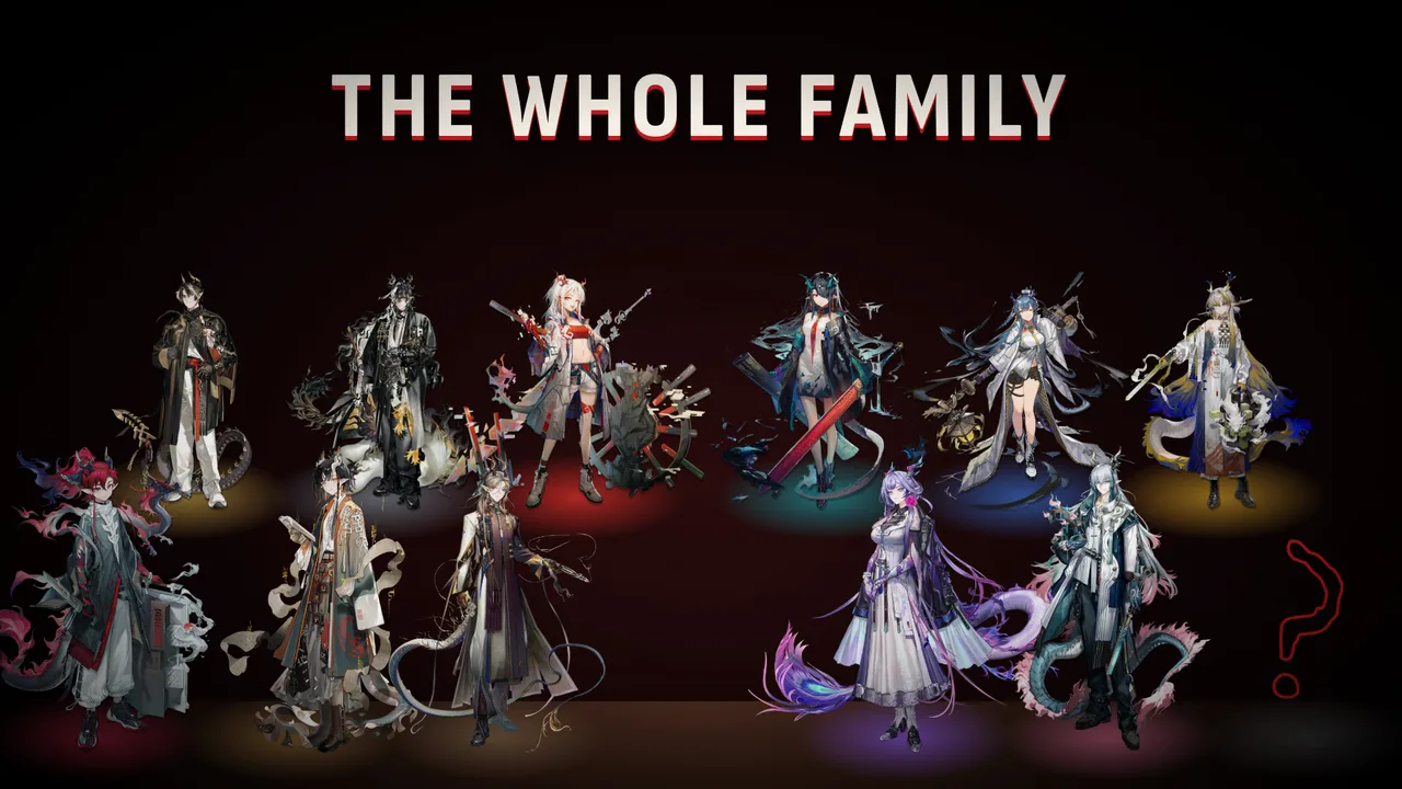 The twelve as a family portrait under the words THE WHOLE FAMILY, with Fang as a red question mark