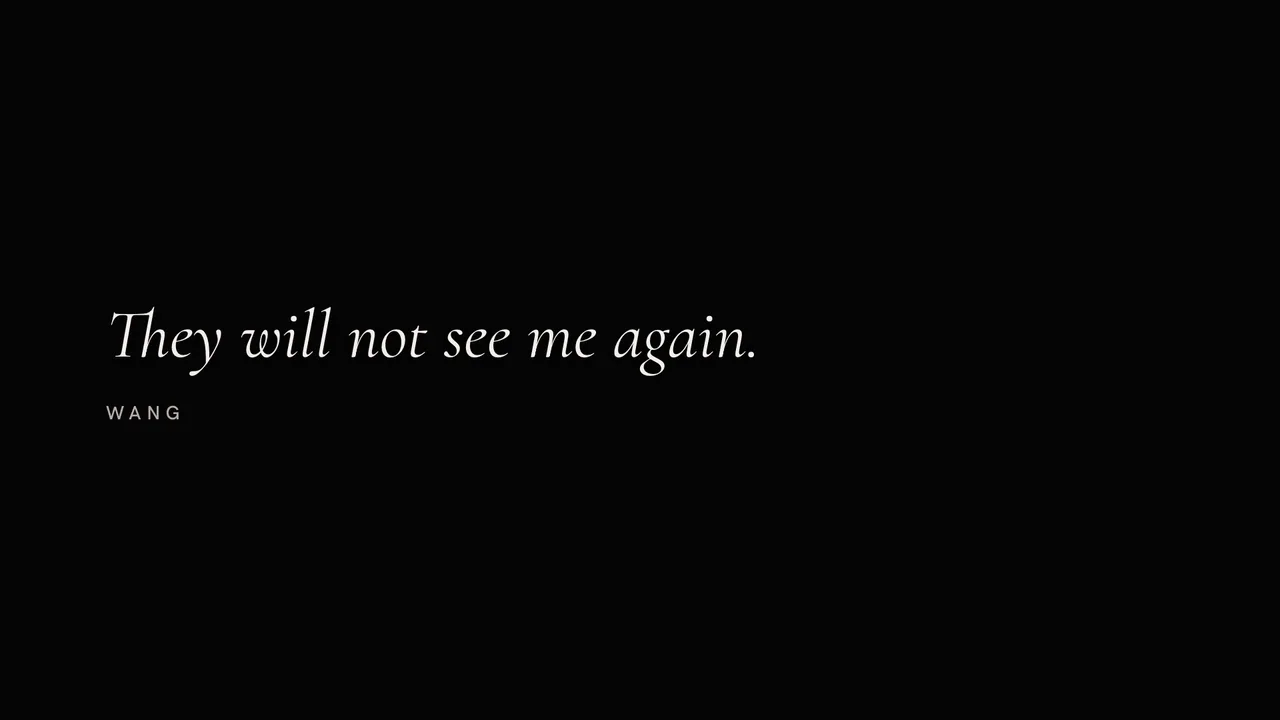 Wang's answer in white italics: They will not see me again.