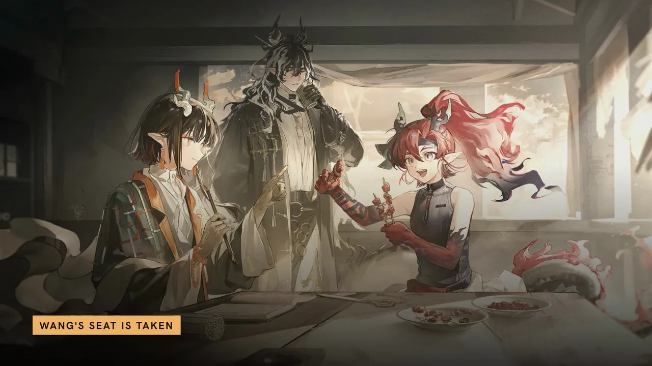 The siblings at a table under the label WANG'S SEAT IS TAKEN