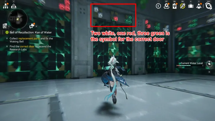 The correct door in the Suiming Labs, marked by two white, one red and three green boxes above the entrance