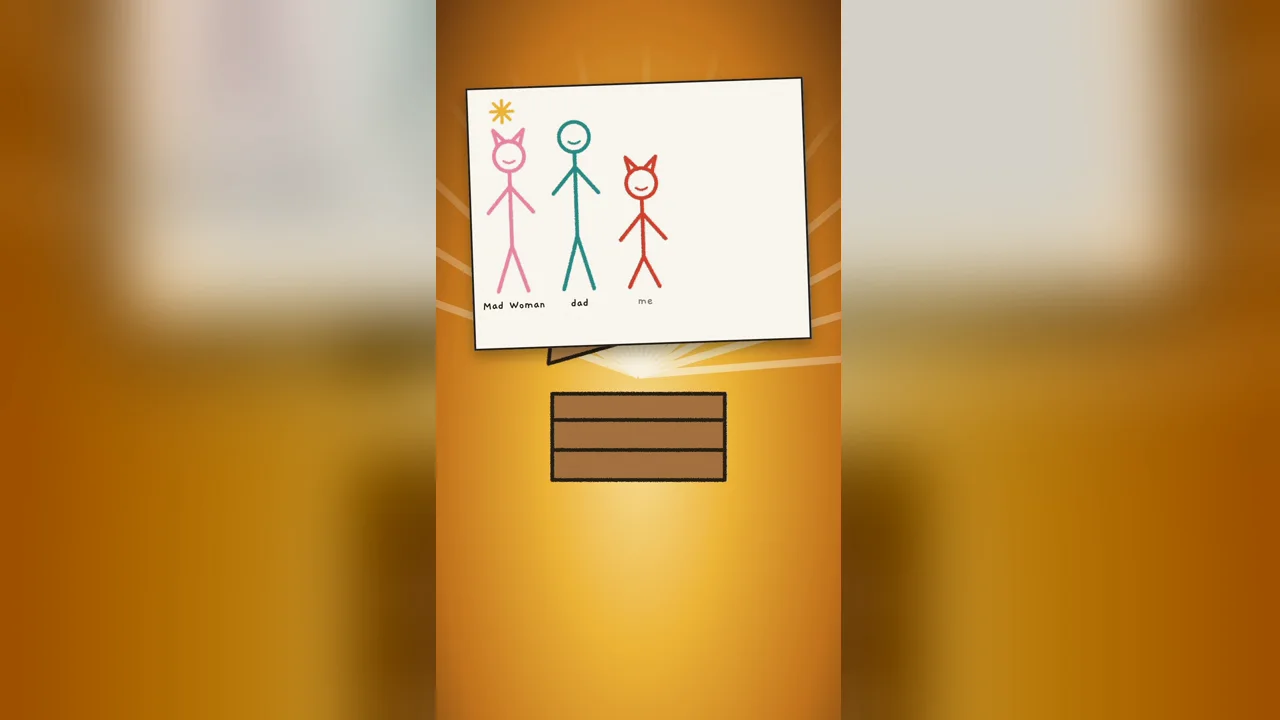 A child's drawing of Mad Woman, dad and Tangtang above the open crate in gold light