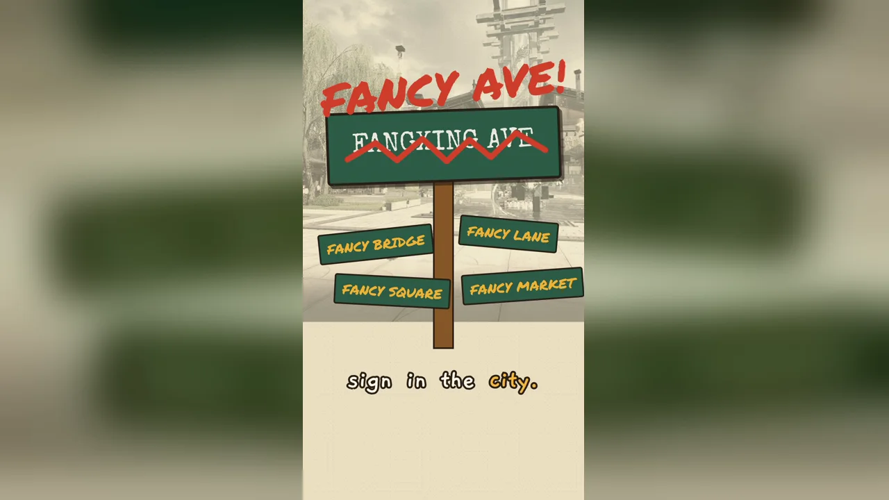 The Fangxing Avenue sign scribbled out in red, with FANCY AVE and four more FANCY street signs