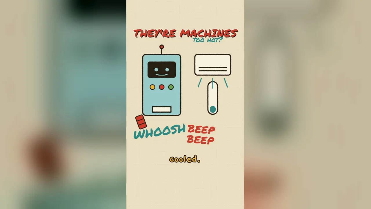 A crayon vending robot and a thermostat, with WHOOSH and BEEP BEEP written under them
