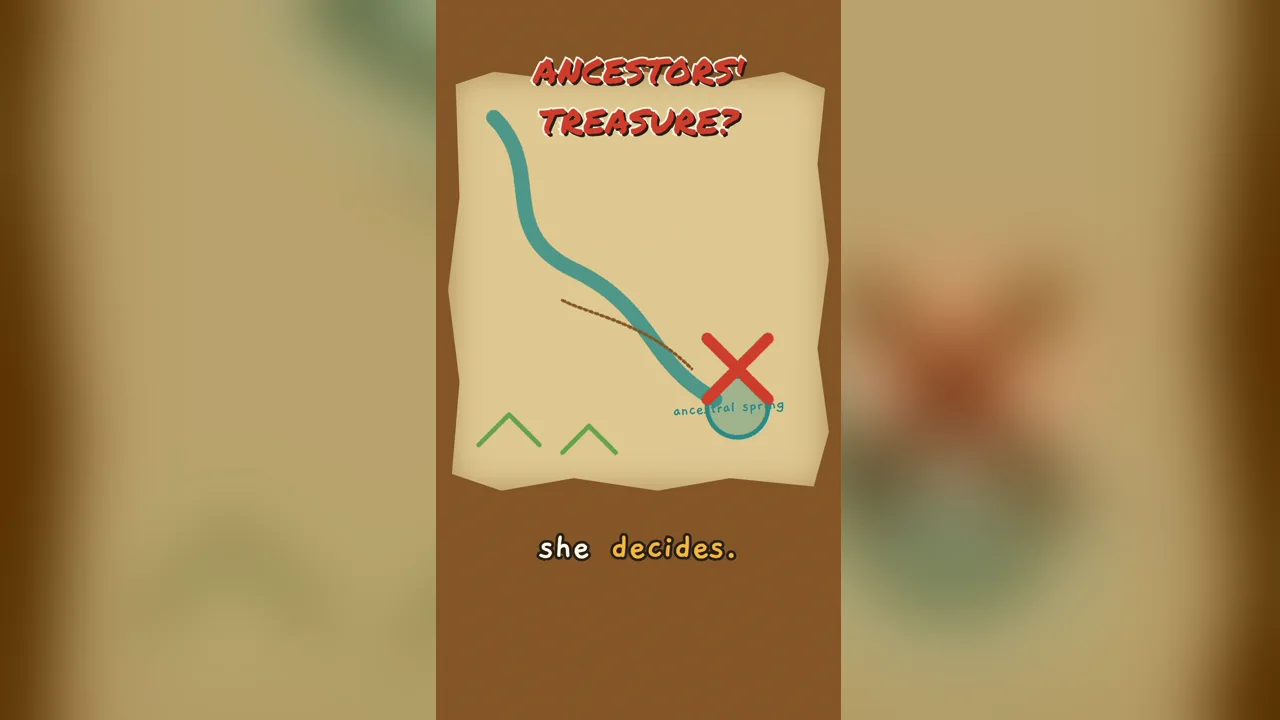 A crayon treasure map with a river and a red X by the ancestral spring, captioned ancestors' treasure