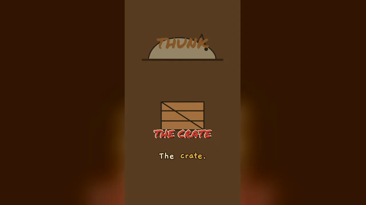 A crate dug up from brown earth under a beast, with THUNK and the crate