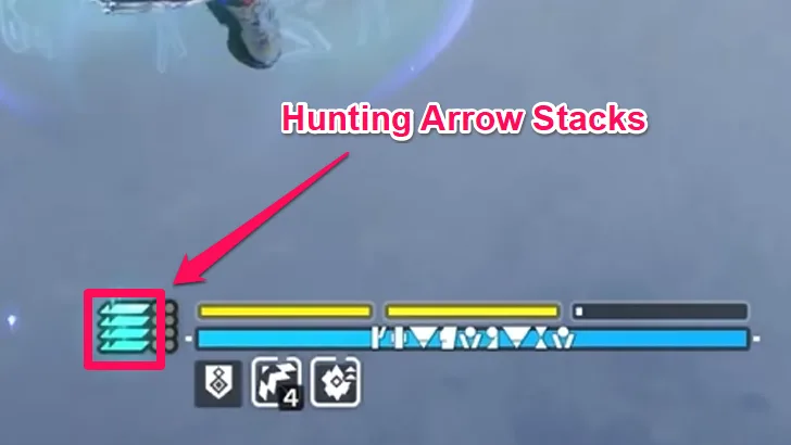 Typhoeus combat HUD showing the Hunting Arrow stack indicator highlighted beside her Sign gauge