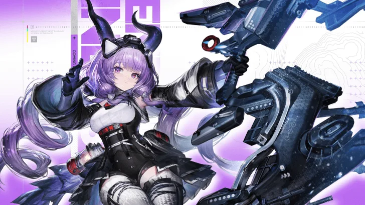 Typhoeus promotional art for Arknights Endfield Version 1.5, a purple-haired Sarkaz operator with dark curved horns holding a large mechanical greatbow