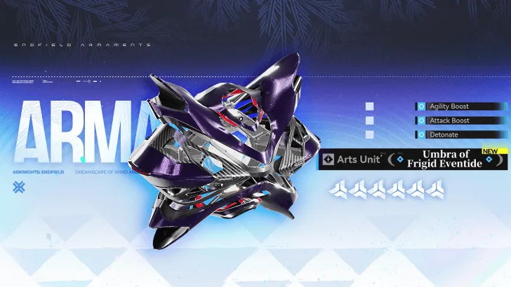Umbra of Frigid Eventide weapon card showing a 6-star Arts Unit with Agility Boost, Attack Boost and Detonate lines